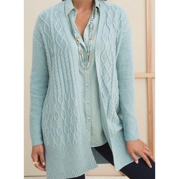 Chico's Light Blue Hint Of Cashmere Cable Knit Long Sweater Cardigan - Picture 2 of 13